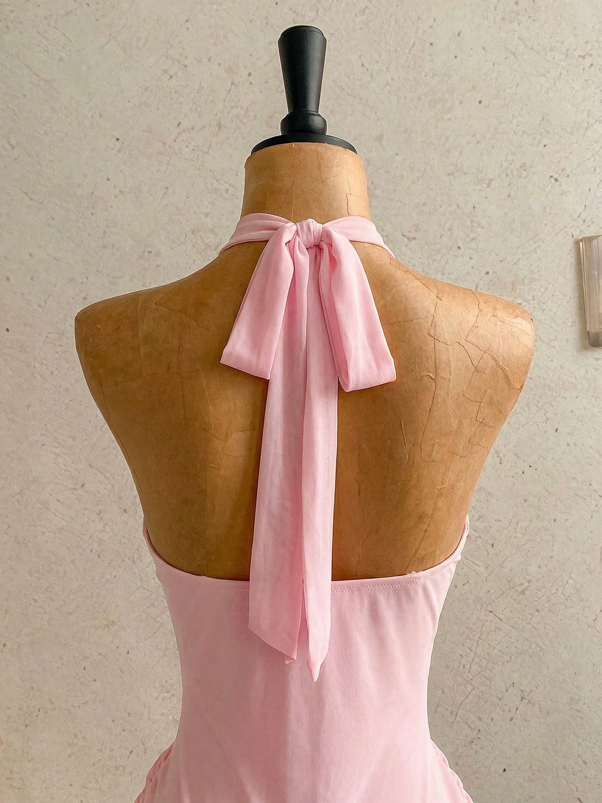 Soleia Women's Baby Pink Night Out Party V-Neck Halter Bow Tie Ruched Mini Dress,Casual Vacation Beach Cruise Resort Wear One Piece Dress No Chest Padding