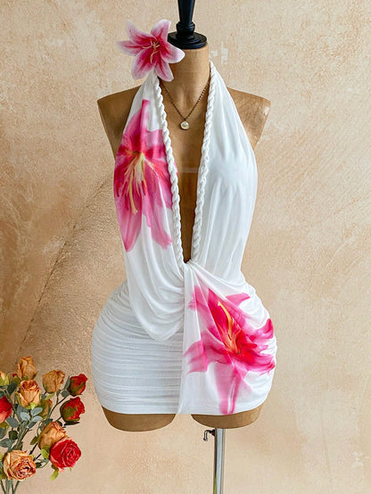 Soleia Women's Floral Print Deep V Neck Ruched Sexy Tropical Halter Dress For Vacation,Summer Dresses For Women Vacation Beach Pink White