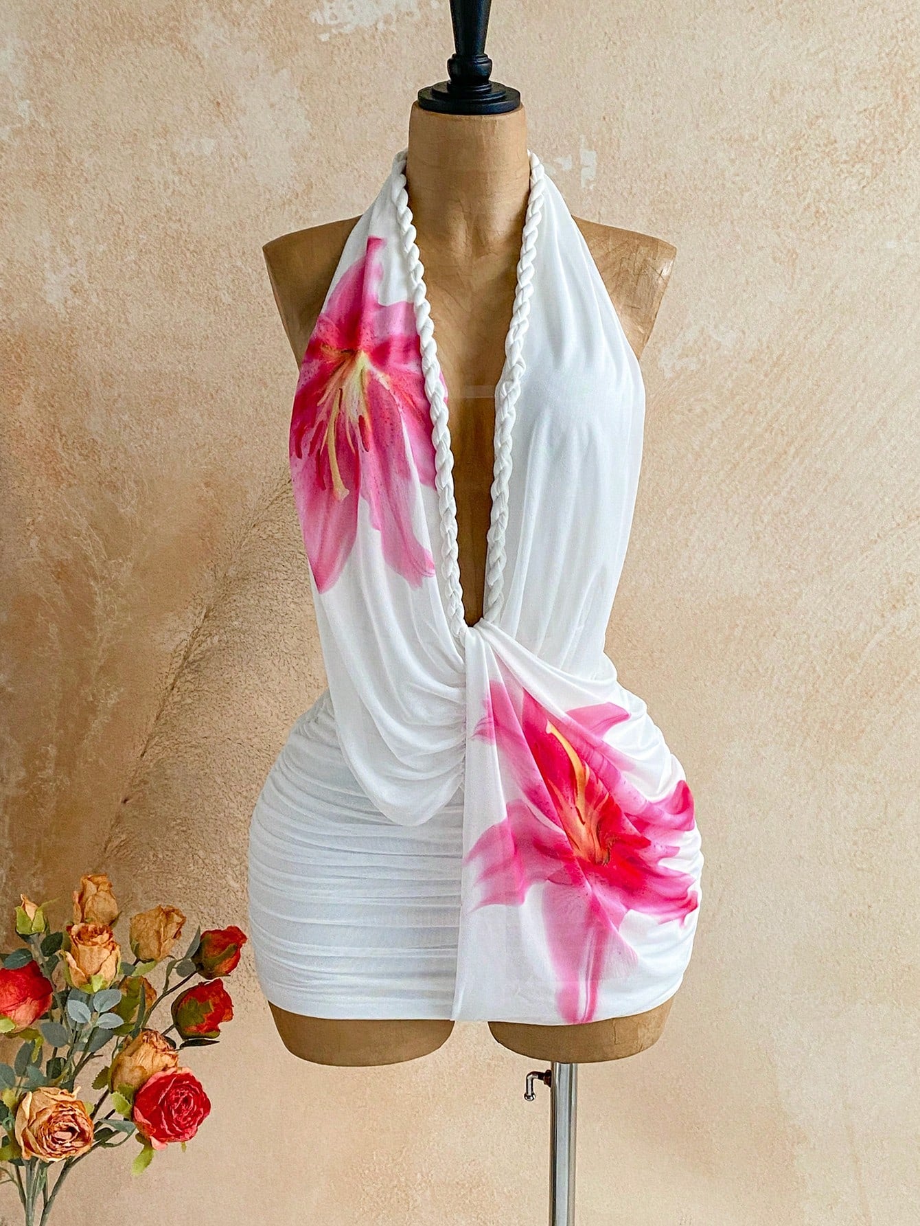 Soleia Women's Floral Print Deep V Neck Ruched Sexy Tropical Halter Dress For Vacation,Summer Dresses For Women Vacation Beach Pink White
