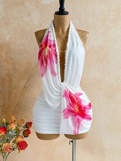 Soleia Women's Floral Print Deep V Neck Ruched Sexy Tropical Halter Dress For Vacation,Summer Dresses For Women Vacation Beach Pink White