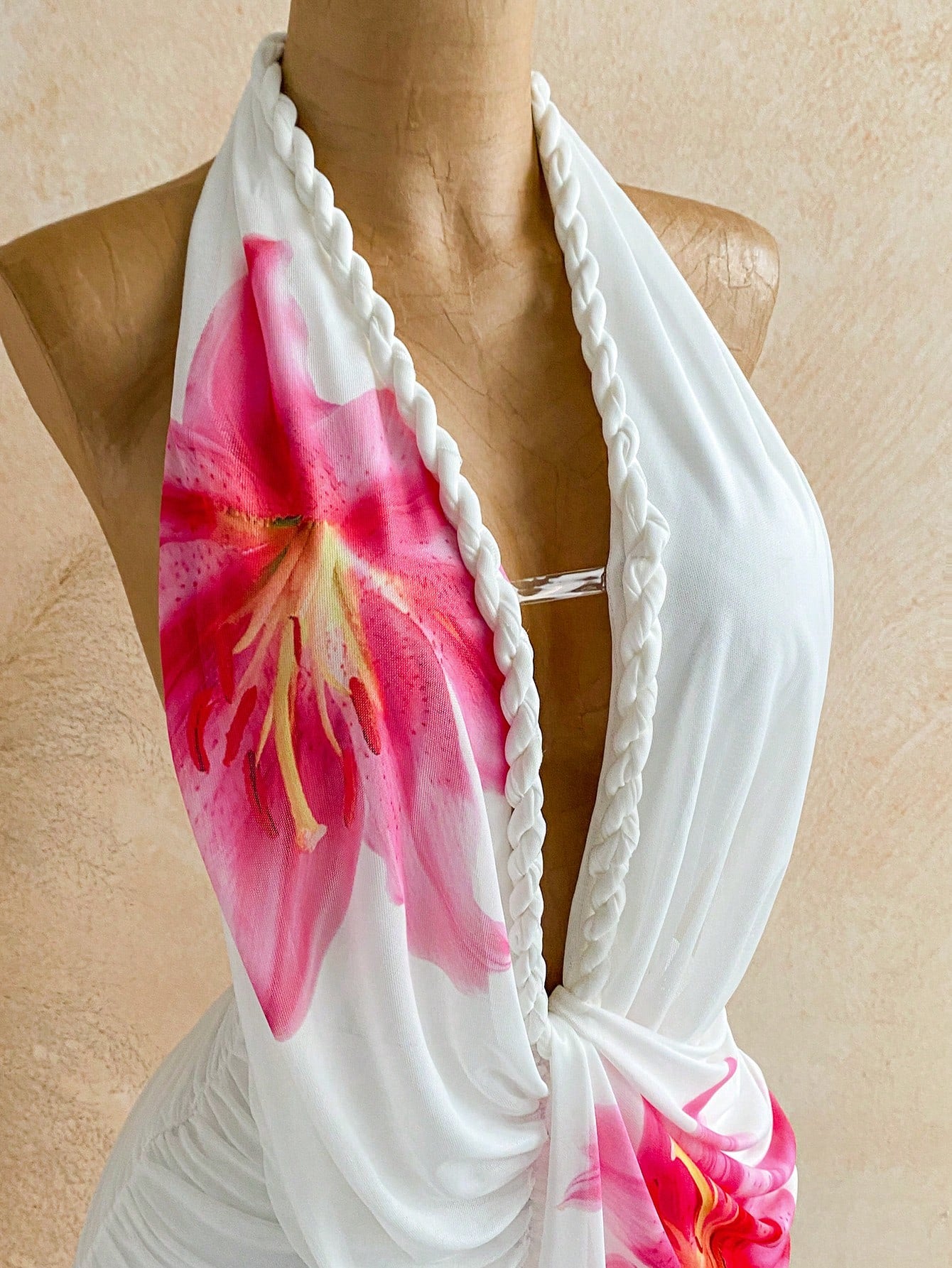 Soleia Women's Floral Print Deep V Neck Ruched Sexy Tropical Halter Dress For Vacation,Summer Dresses For Women Vacation Beach Pink White