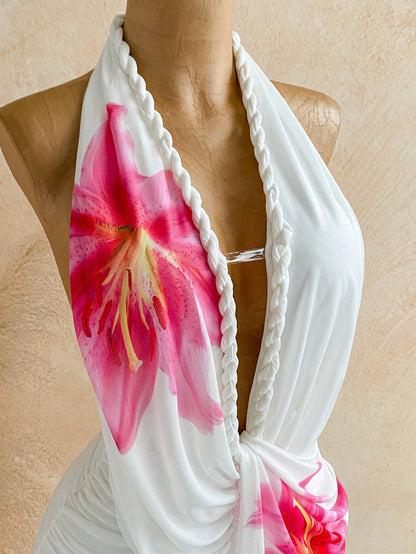 Soleia Women's Floral Print Deep V Neck Ruched Sexy Tropical Halter Dress For Vacation,Summer Dresses For Women Vacation Beach Pink White