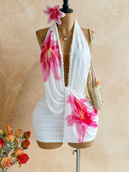 Soleia Women's Floral Print Deep V Neck Ruched Sexy Tropical Halter Dress For Vacation,Summer Dresses For Women Vacation Beach Pink White