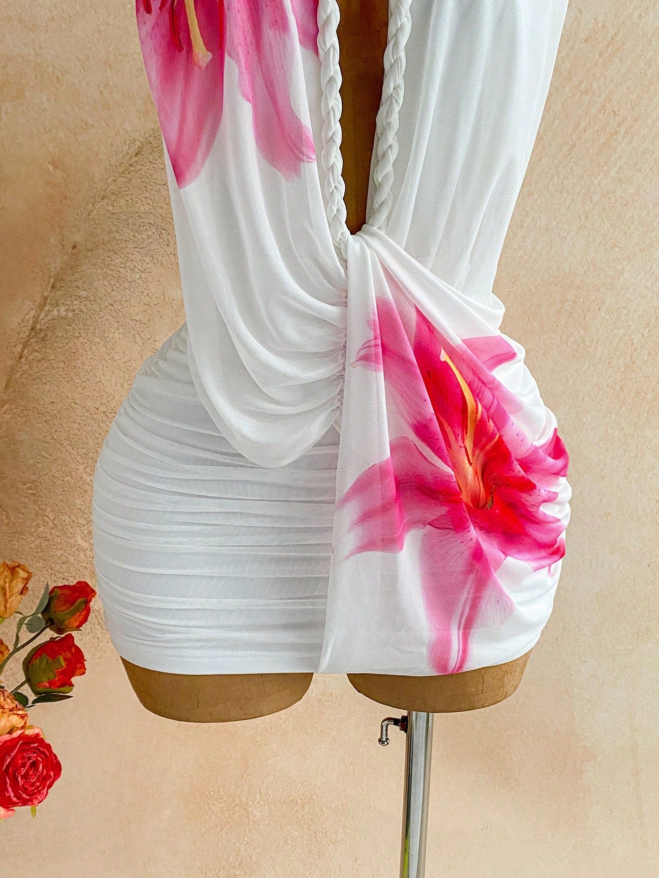 Soleia Women's Floral Print Deep V Neck Ruched Sexy Tropical Halter Dress For Vacation,Summer Dresses For Women Vacation Beach Pink White