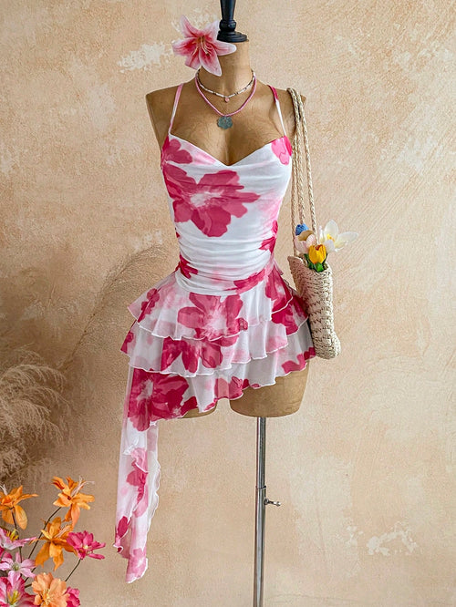 Soleia Women's Floral Print Sweet French Casual Boho Sexy Ruffle Hem Tie Waist Dress Vacation White Floral Summer Vacation Beach