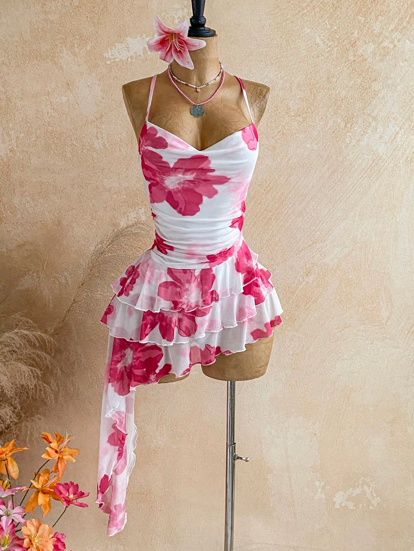 Soleia Women's Floral Print Sweet French Casual Boho Sexy Ruffle Hem Tie Waist Dress Vacation White Floral Summer Vacation Beach