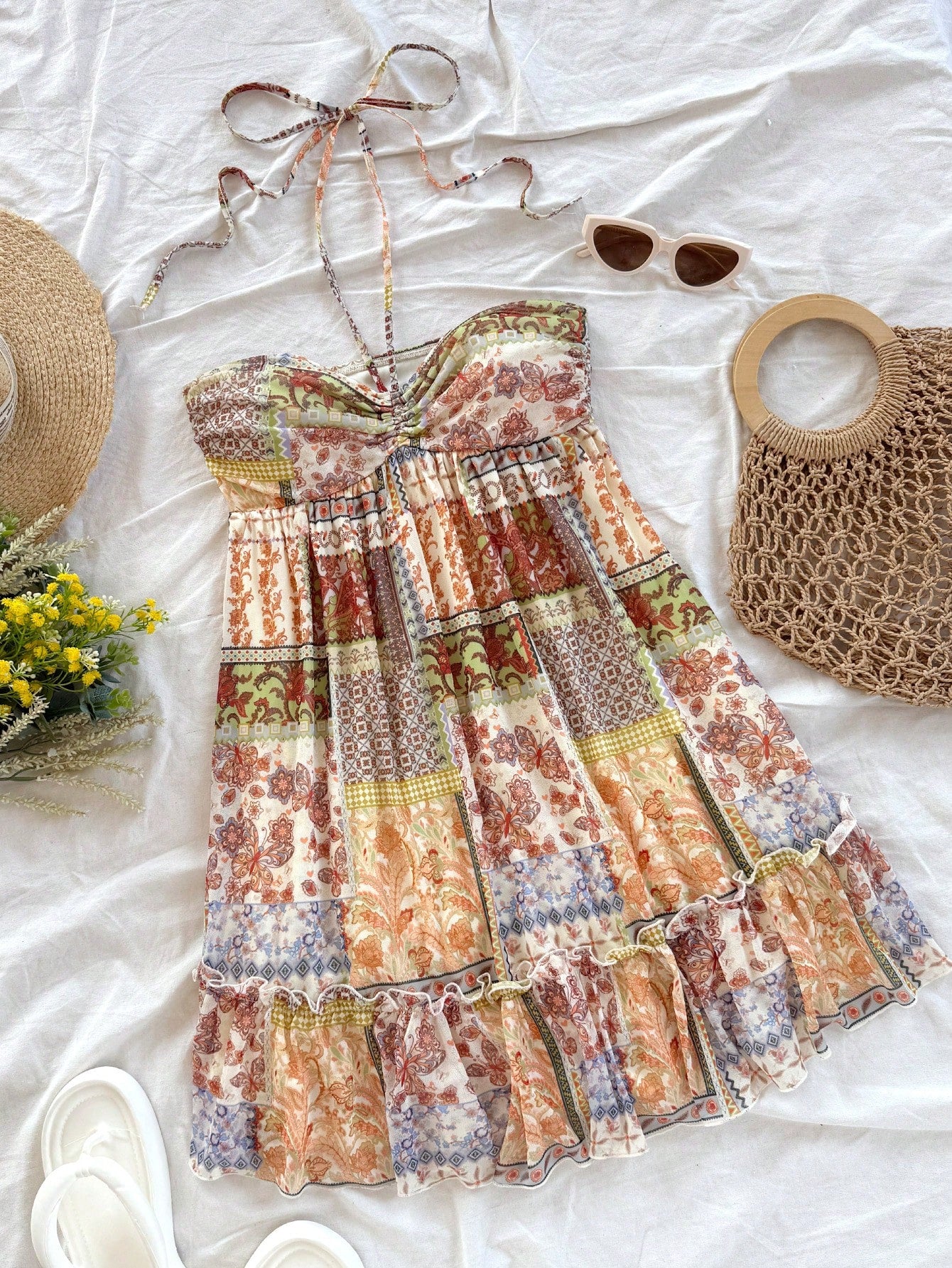 Soleia Women's Olive Green Boho Vacation Holiday Retro Print Drawstring Front & Back Tie Layered Mini Dress,Concert Music Festival Outfit No Chest Padding