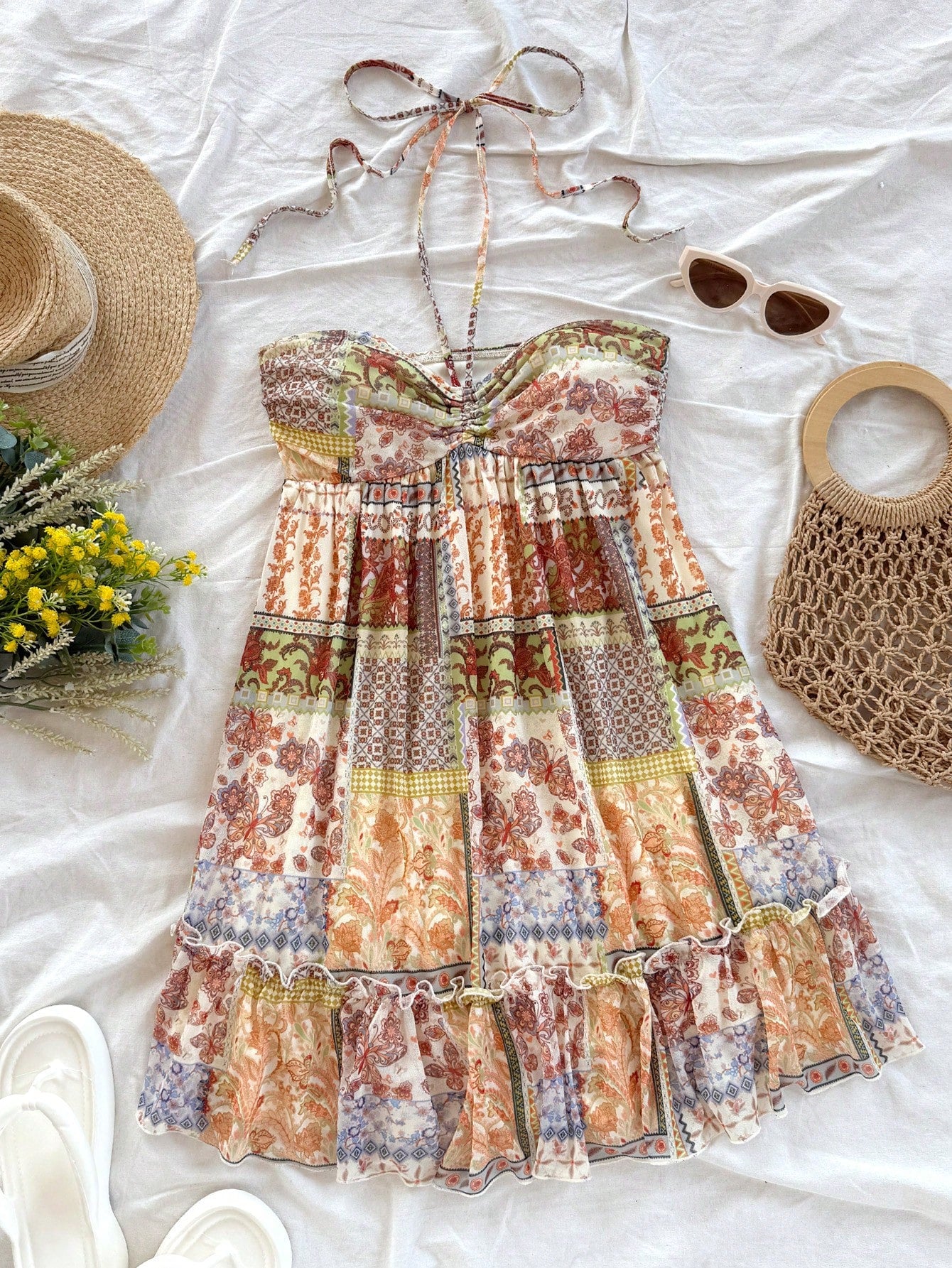 Soleia Women's Olive Green Boho Vacation Holiday Retro Print Drawstring Front & Back Tie Layered Mini Dress,Concert Music Festival Outfit No Chest Padding