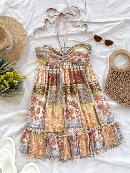 Soleia Women's Olive Green Boho Vacation Holiday Retro Print Drawstring Front & Back Tie Layered Mini Dress,Concert Music Festival Outfit No Chest Padding