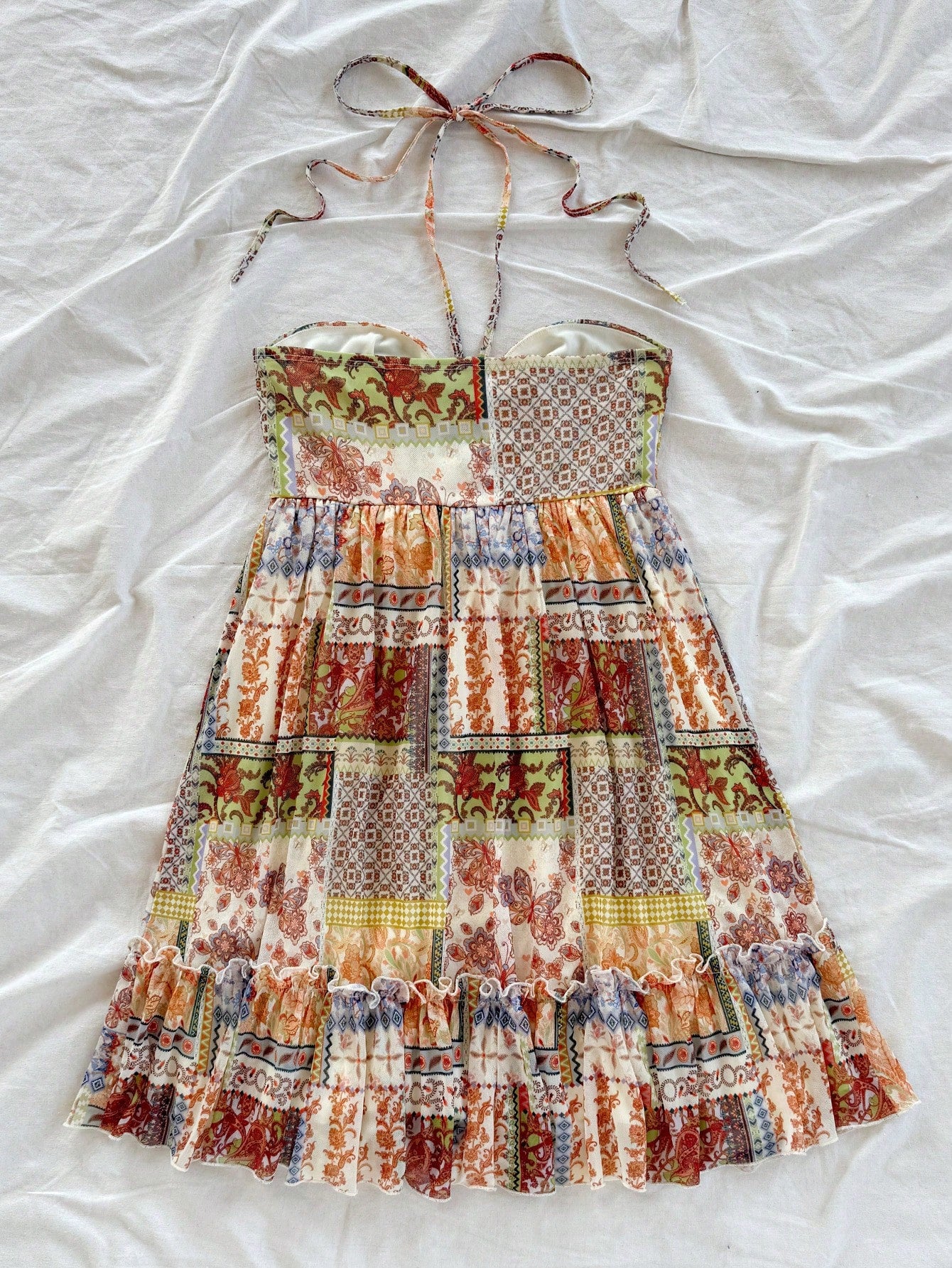 Soleia Women's Olive Green Boho Vacation Holiday Retro Print Drawstring Front & Back Tie Layered Mini Dress,Concert Music Festival Outfit No Chest Padding
