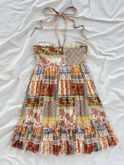 Soleia Women's Olive Green Boho Vacation Holiday Retro Print Drawstring Front & Back Tie Layered Mini Dress,Concert Music Festival Outfit No Chest Padding