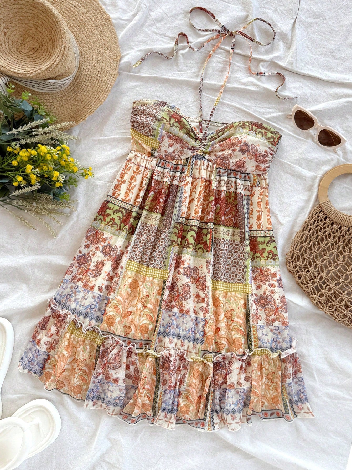 Soleia Women's Olive Green Boho Vacation Holiday Retro Print Drawstring Front & Back Tie Layered Mini Dress,Concert Music Festival Outfit No Chest Padding