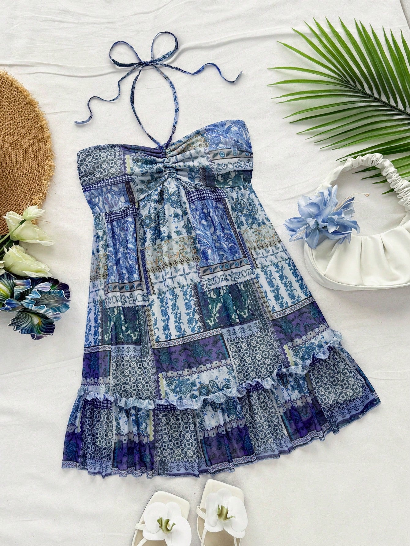 Soleia Women's Olive Green Boho Vacation Holiday Retro Print Drawstring Front & Back Tie Layered Mini Dress,Concert Music Festival Outfit No Chest Padding