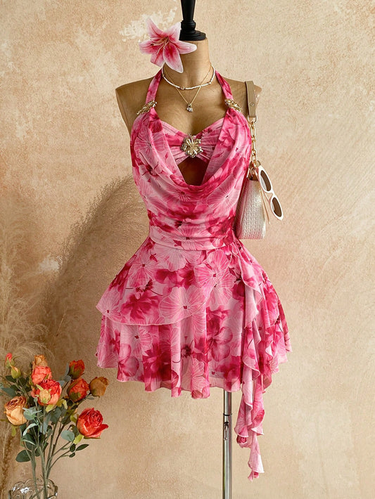 Soleia Women's Printed Mini Vacation Dress In Pink Floral Floral,Summer Dresses For Women,Dresses For Women Summer Vacation Night Out Vacation Party Sexy