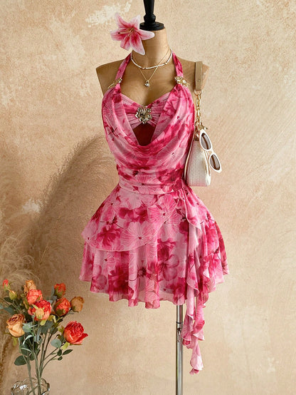 Soleia Women's Printed Mini Vacation Dress In Pink Floral Floral,Summer Dresses For Women,Dresses For Women Summer Vacation Night Out Vacation Party Sexy
