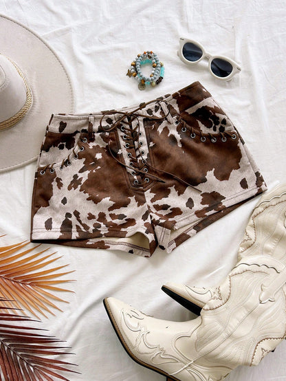 Soleia Women's Retro Cow Print Lace Up Shorts, Elastic Suede Casual Western For Summer, Music Festival, Party, Boho Hippie Vacation