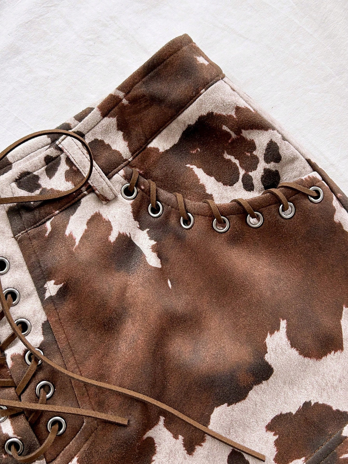 Soleia Women's Retro Cow Print Lace Up Shorts, Elastic Suede Casual Western For Summer, Music Festival, Party, Boho Hippie Vacation
