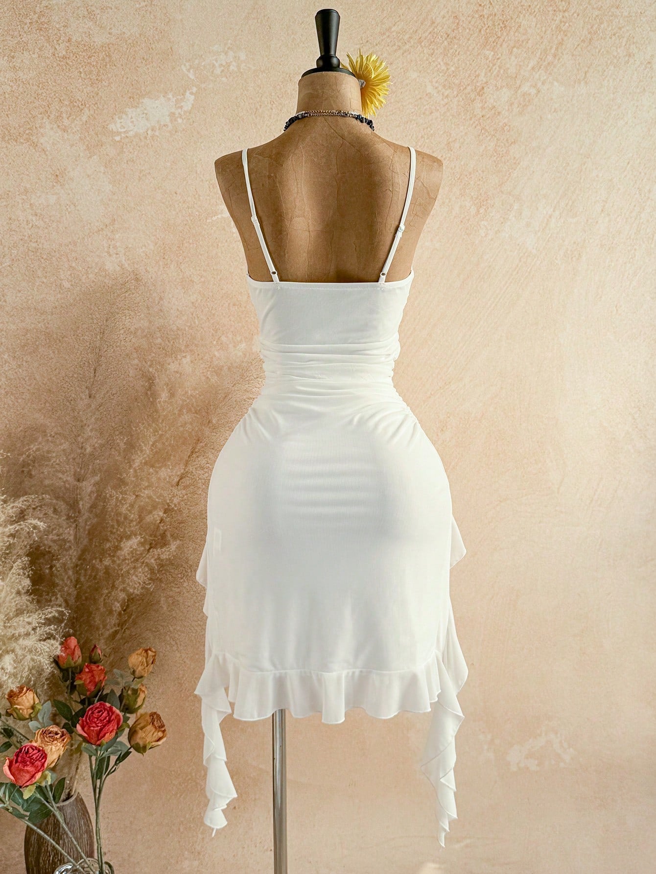 Soleia Women's Twist Asymmetric Hem Spaghetti Strap White Summer 70's Beach Vacation Club Holiday Party Disco Midi Dress,Elegant Sexy Wedding Guest