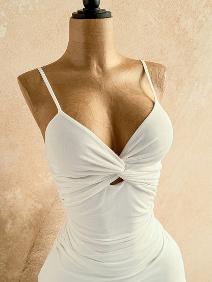 Soleia Women's Twist Asymmetric Hem Spaghetti Strap White Summer 70's Beach Vacation Club Holiday Party Disco Midi Dress,Elegant Sexy Wedding Guest