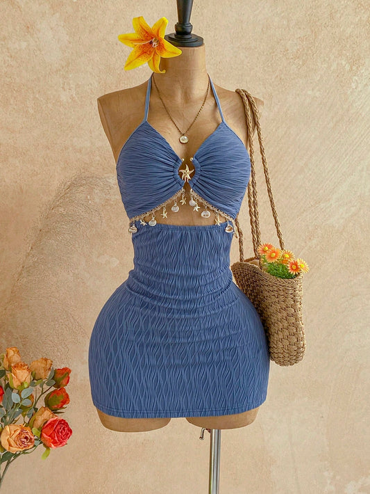 Soleia Women's V-Neck Dusty Blue Summer Casual Holiday Vacation A-Line Mini Dress,Starfish Metal Decor Tie-Neck Backless Textured Fabric Summer Dresses