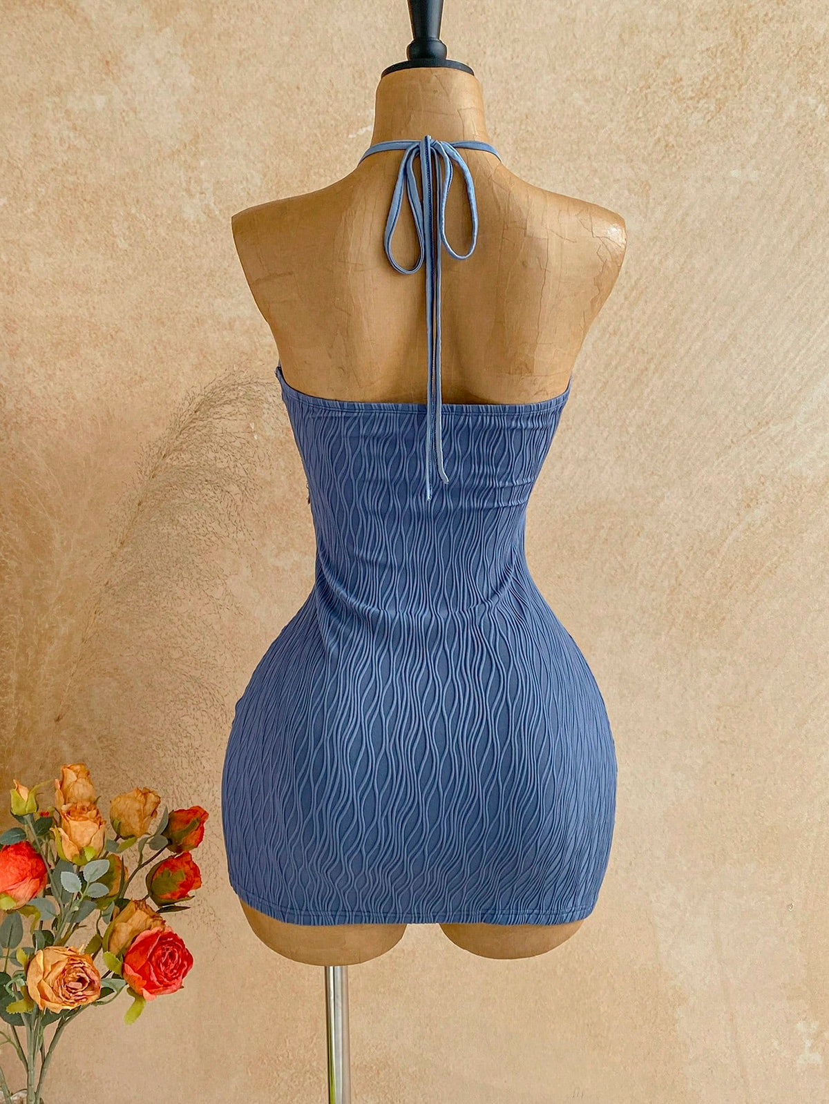 Soleia Women's V-Neck Dusty Blue Summer Casual Holiday Vacation A-Line Mini Dress,Starfish Metal Decor Tie-Neck Backless Textured Fabric Summer Dresses
