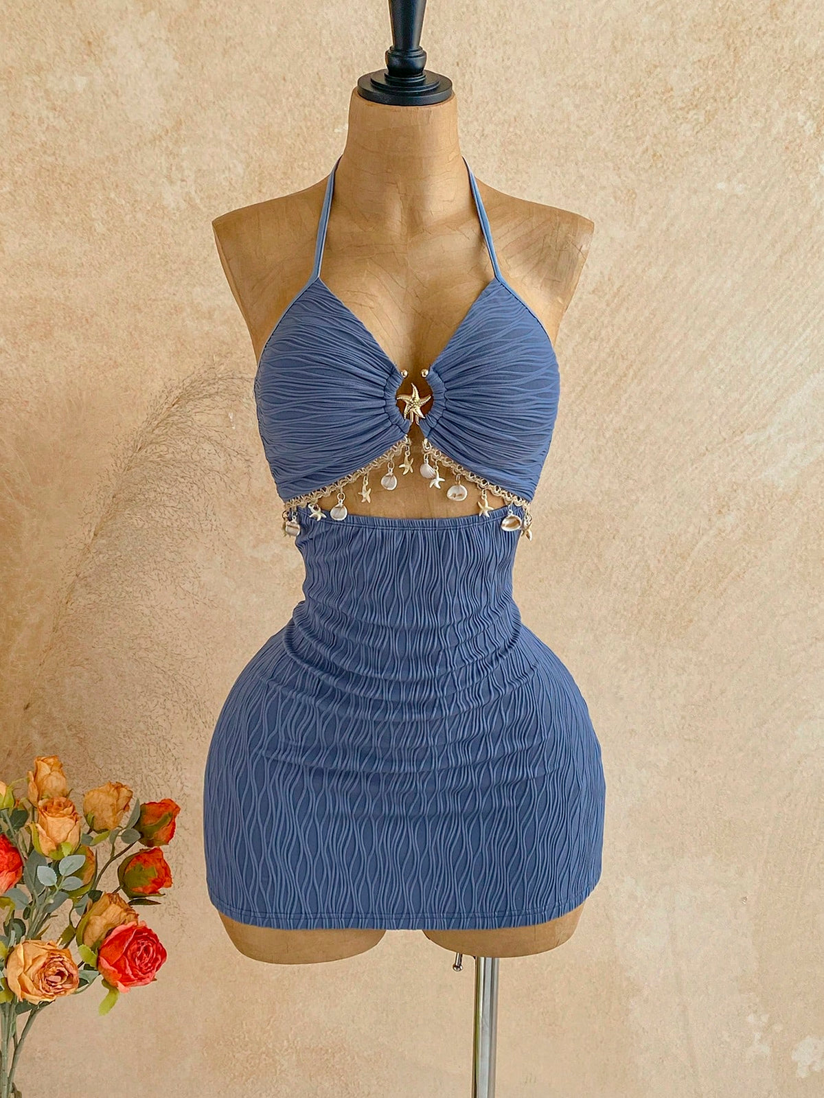 Soleia Women's V-Neck Dusty Blue Summer Casual Holiday Vacation A-Line Mini Dress,Starfish Metal Decor Tie-Neck Backless Textured Fabric Summer Dresses