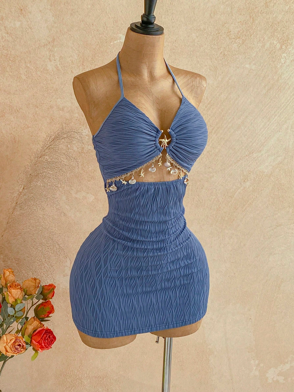 Soleia Women's V-Neck Dusty Blue Summer Casual Holiday Vacation A-Line Mini Dress,Starfish Metal Decor Tie-Neck Backless Textured Fabric Summer Dresses