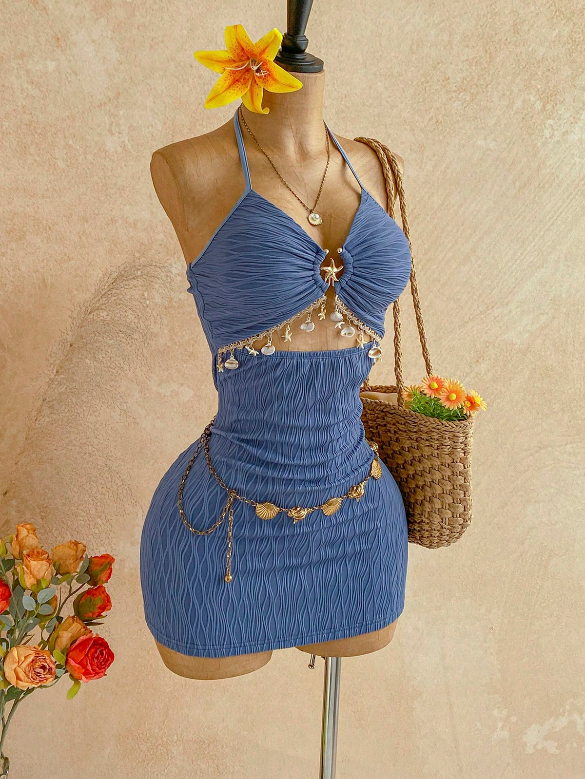 Soleia Women's V-Neck Dusty Blue Summer Casual Holiday Vacation A-Line Mini Dress,Starfish Metal Decor Tie-Neck Backless Textured Fabric Summer Dresses