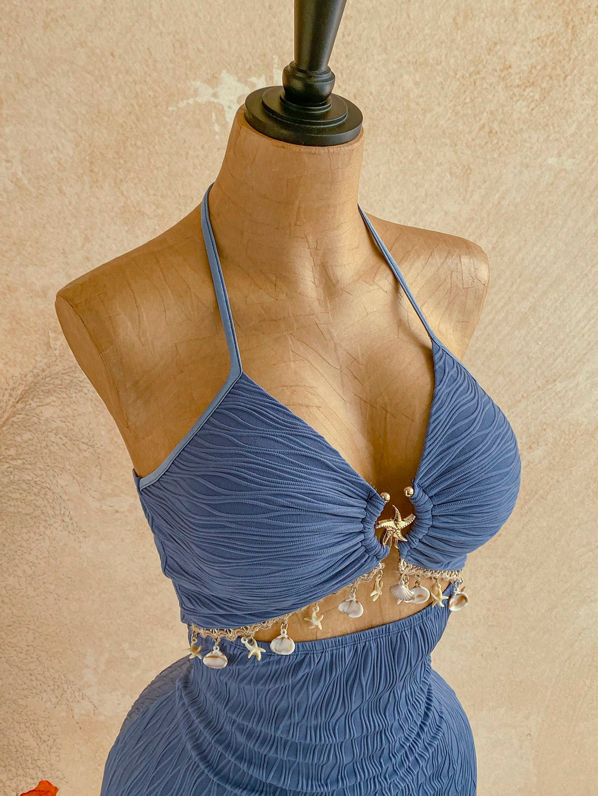 Soleia Women's V-Neck Dusty Blue Summer Casual Holiday Vacation A-Line Mini Dress,Starfish Metal Decor Tie-Neck Backless Textured Fabric Summer Dresses