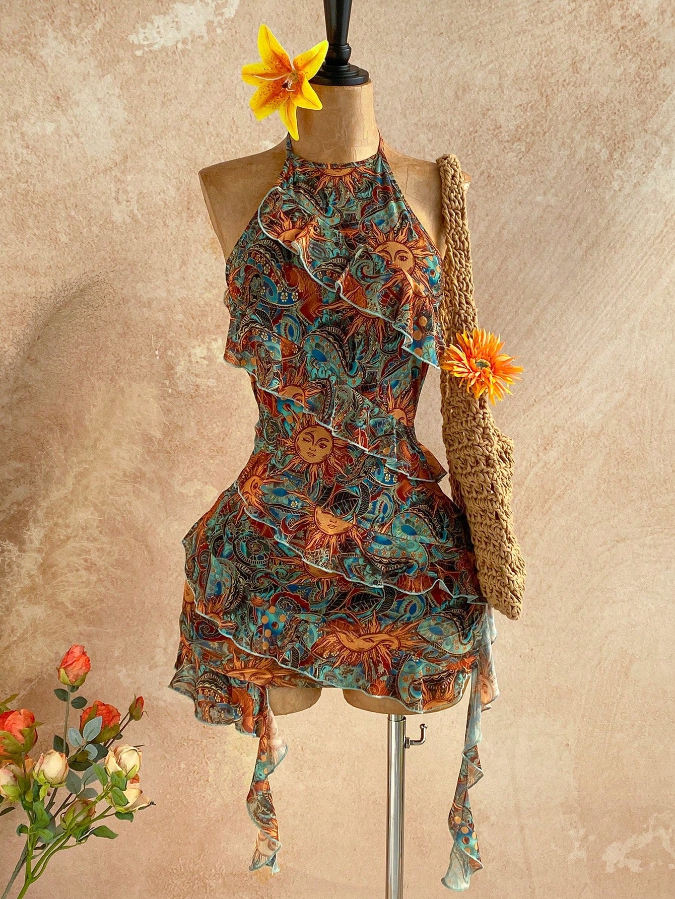 Soleia Women's Vacation Casual Tropical Paisley Print Ruffle Trim Backless Halter Mini Dress Vacation Teal Summer