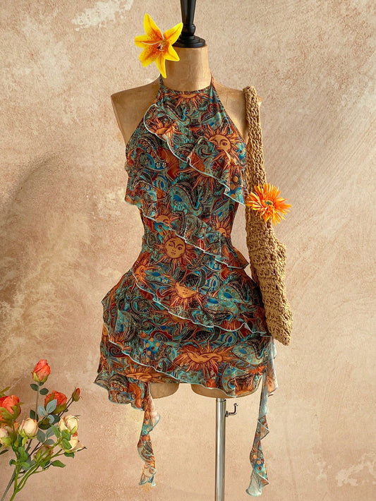 Soleia Women's Vacation Casual Tropical Paisley Print Ruffle Trim Backless Halter Mini Dress Vacation Teal Summer