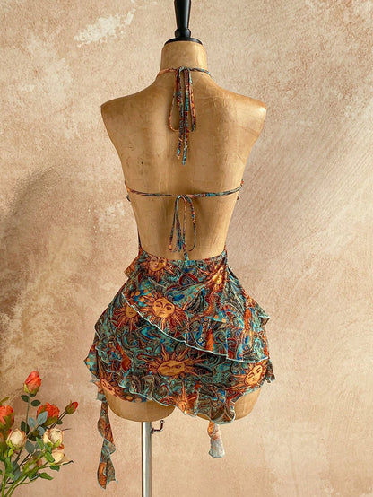 Soleia Women's Vacation Casual Tropical Paisley Print Ruffle Trim Backless Halter Mini Dress Vacation Teal Summer