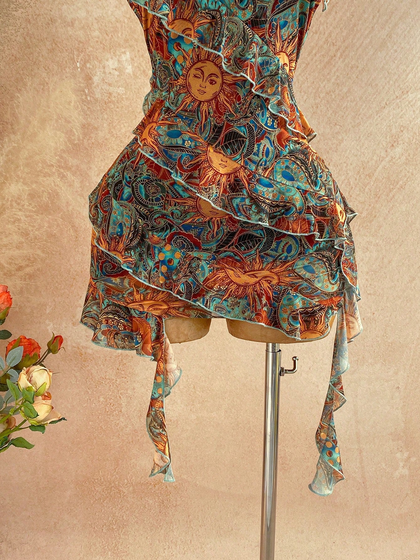 Soleia Women's Vacation Casual Tropical Paisley Print Ruffle Trim Backless Halter Mini Dress Vacation Teal Summer