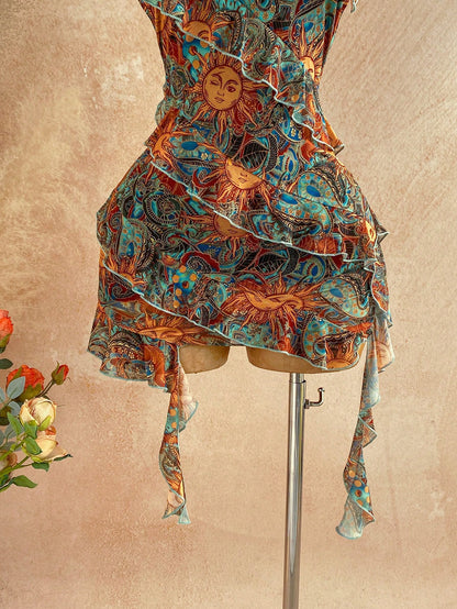 Soleia Women's Vacation Casual Tropical Paisley Print Ruffle Trim Backless Halter Mini Dress Vacation Teal Summer