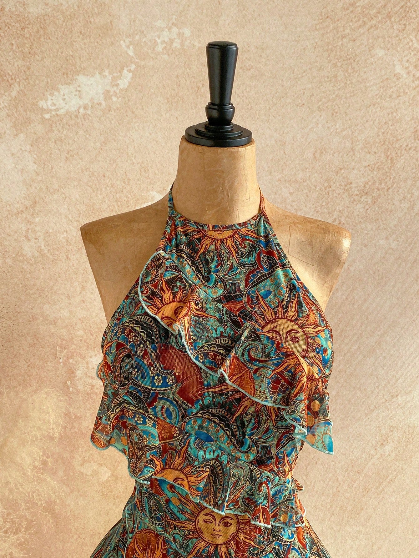 Soleia Women's Vacation Casual Tropical Paisley Print Ruffle Trim Backless Halter Mini Dress Vacation Teal Summer