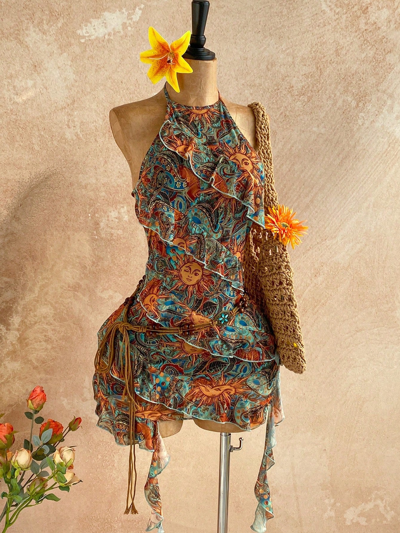 Soleia Women's Vacation Casual Tropical Paisley Print Ruffle Trim Backless Halter Mini Dress Vacation Teal Summer