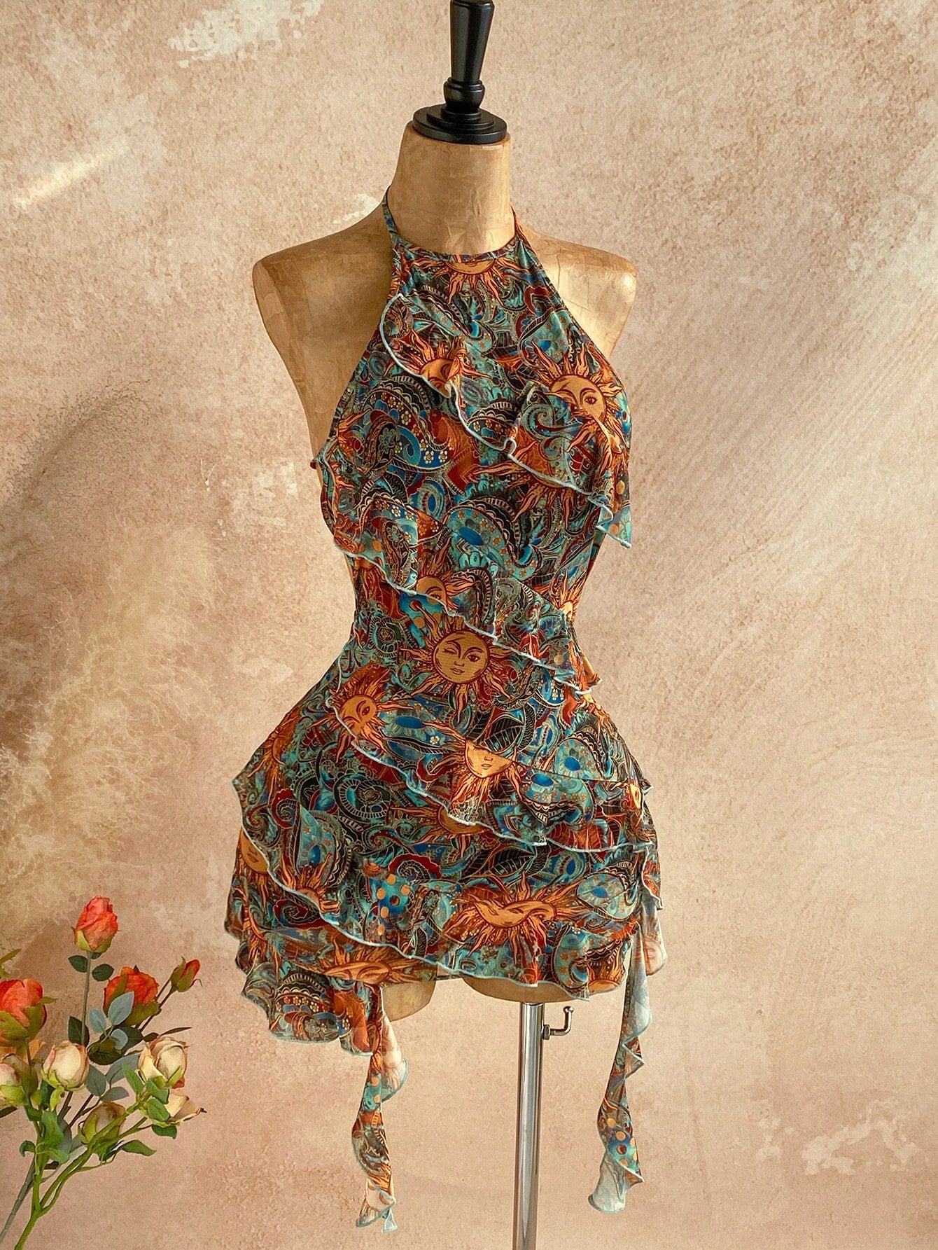 Soleia Women's Vacation Casual Tropical Paisley Print Ruffle Trim Backless Halter Mini Dress Vacation Teal Summer
