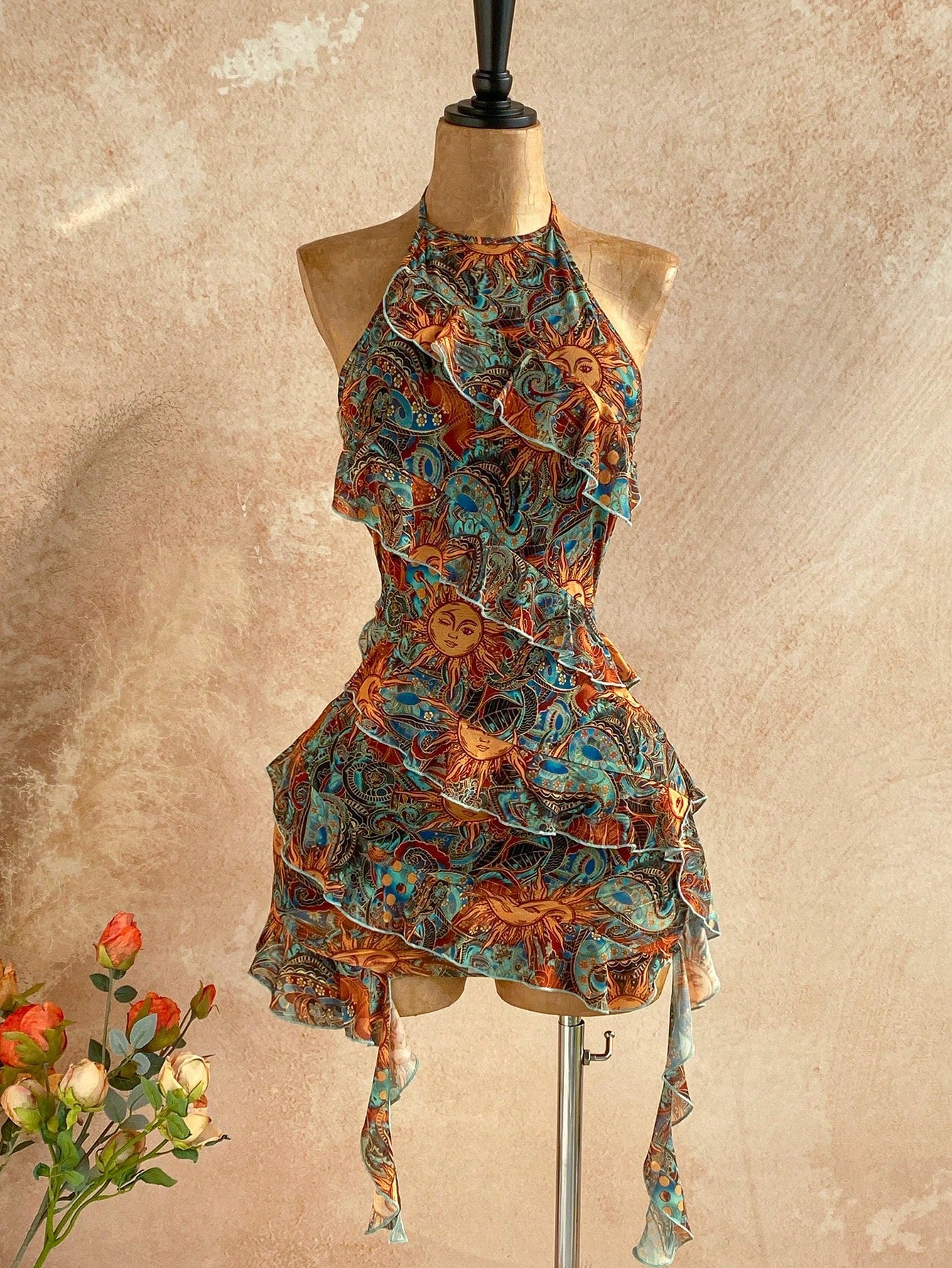 Soleia Women's Vacation Casual Tropical Paisley Print Ruffle Trim Backless Halter Mini Dress Vacation Teal Summer