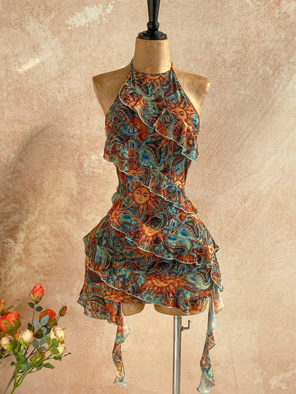 Soleia Women's Vacation Casual Tropical Paisley Print Ruffle Trim Backless Halter Mini Dress Vacation Teal Summer