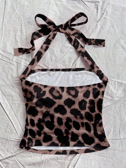 Soleia Women's Vacation Halter Bodycon Full Leopard Pattern Tank Top, Suitable For Summer