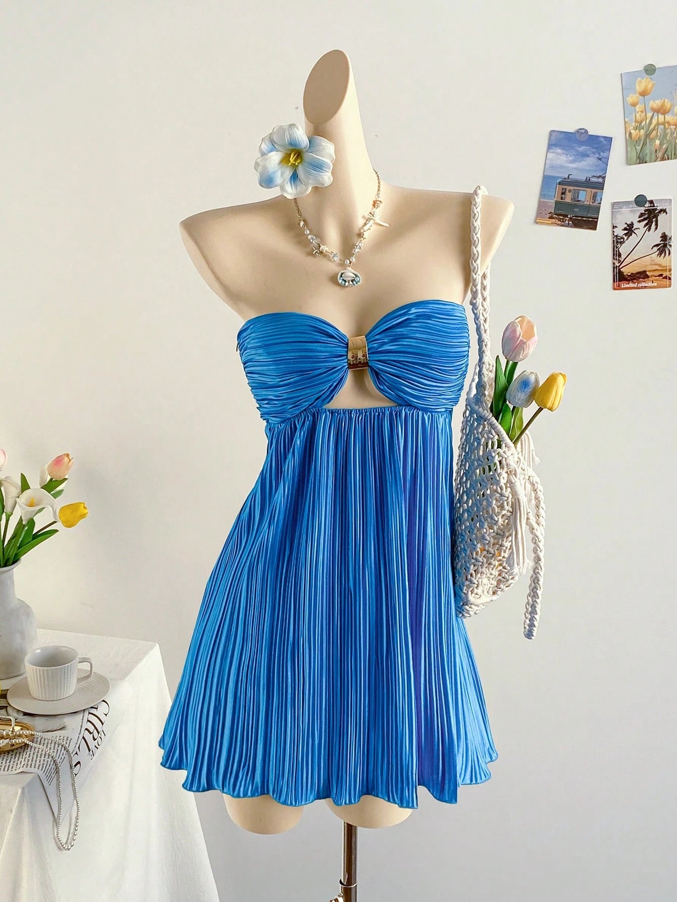 Soleia Women's Y2K Pleated Ruched Bandeau Mini Dress,Navy Blue And Gold,70s Retro,Summer,Holiday,Party,Vacation,Holiday,Beach Outfit,Boho Dress,No Breast Pad