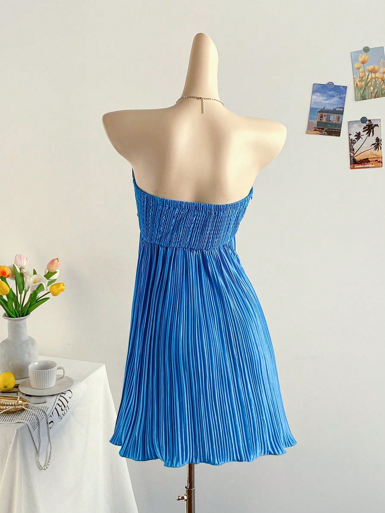 Soleia Women's Y2K Pleated Ruched Bandeau Mini Dress,Navy Blue And Gold,70s Retro,Summer,Holiday,Party,Vacation,Holiday,Beach Outfit,Boho Dress,No Breast Pad