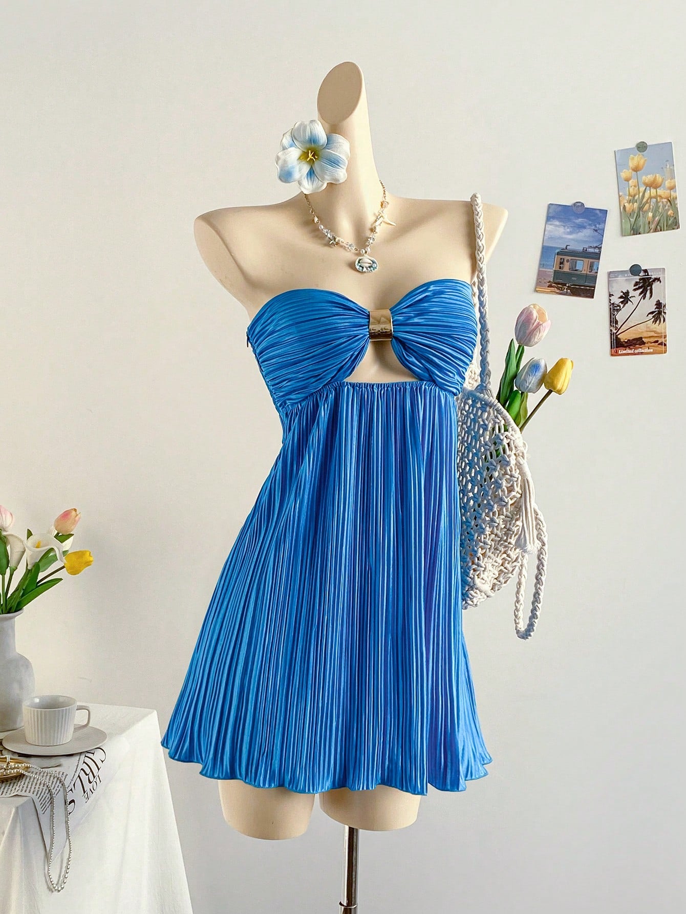 Soleia Women's Y2K Pleated Ruched Bandeau Mini Dress,Navy Blue And Gold,70s Retro,Summer,Holiday,Party,Vacation,Holiday,Beach Outfit,Boho Dress,No Breast Pad