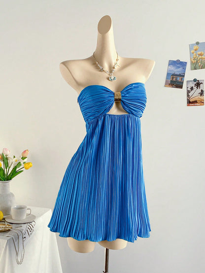Soleia Women's Y2K Pleated Ruched Bandeau Mini Dress,Navy Blue And Gold,70s Retro,Summer,Holiday,Party,Vacation,Holiday,Beach Outfit,Boho Dress,No Breast Pad