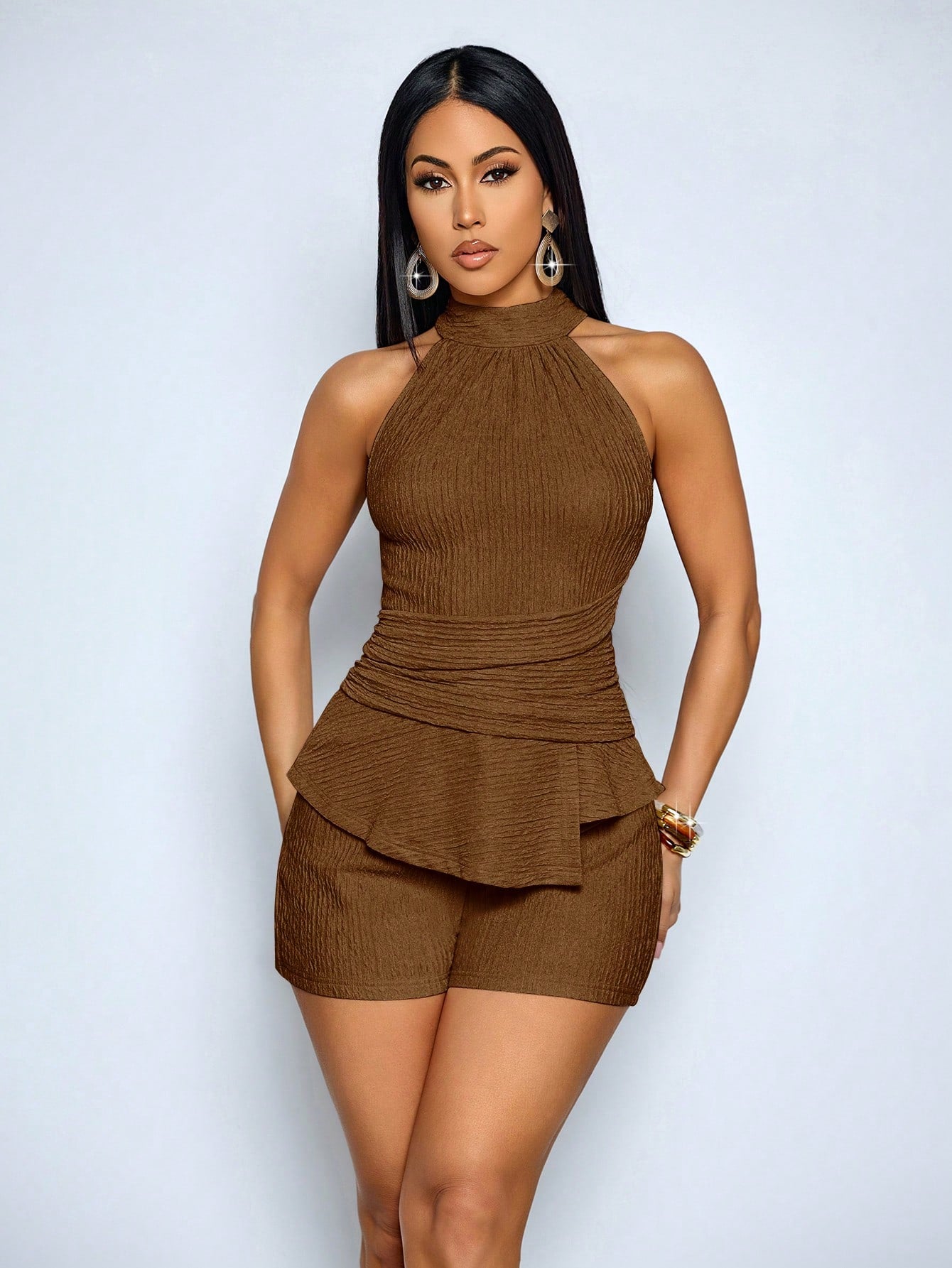 SOLERSUN Elegant Halter Neck Jumpsuit,Shades Of Brown Beach Night Out Date Resort Style,Short Design,Cinched High Waist,Perfect For Summer,Brunch Old-Money