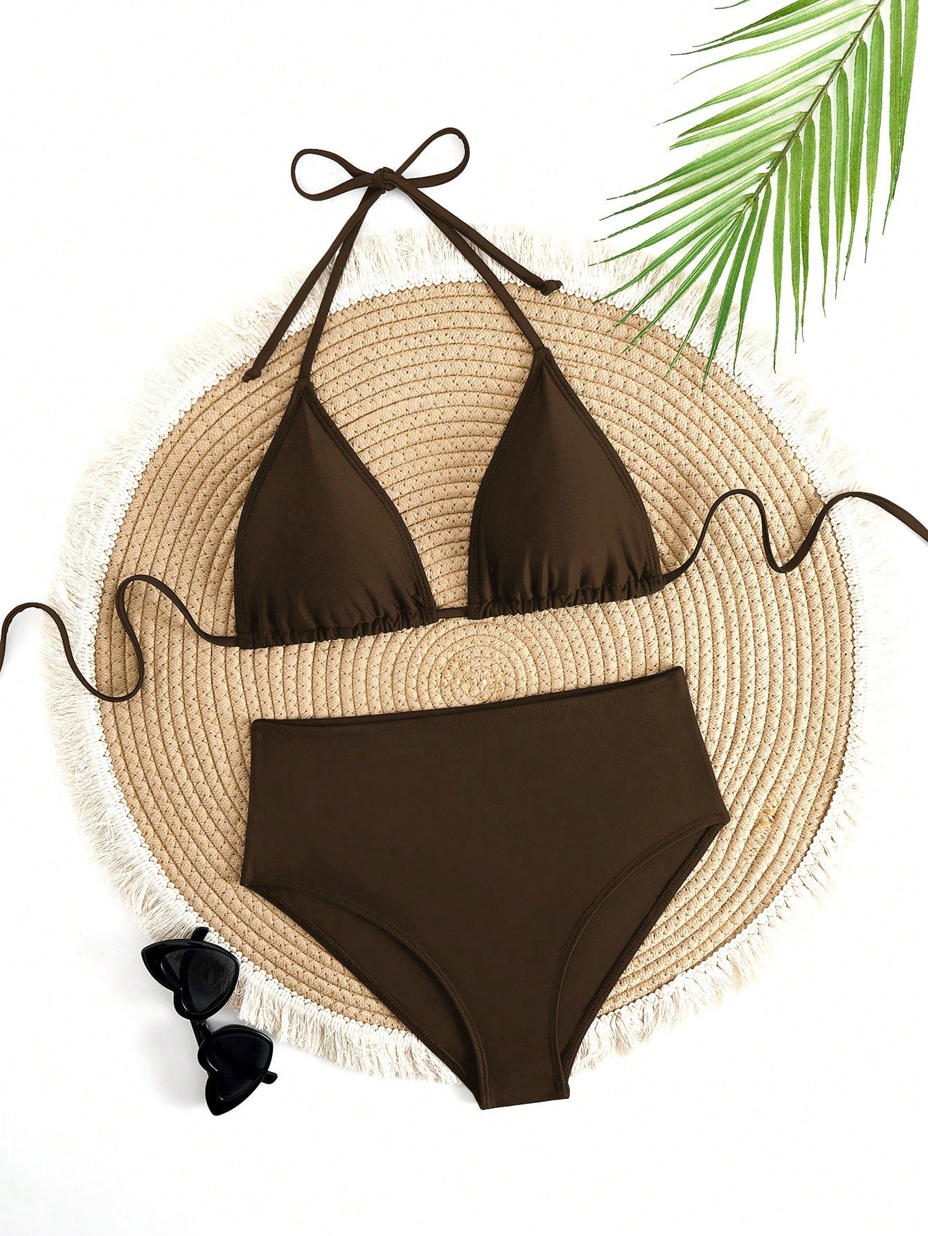 Solid Color Adjustable Tie Halter Triangle Cup Sexy Bikini Swimwear Vacation Beach Summer