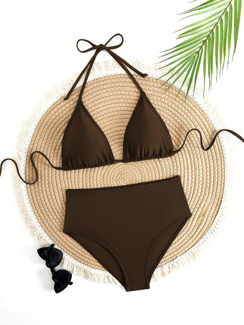 Solid Color Adjustable Tie Halter Triangle Cup Sexy Bikini Swimwear Vacation Beach Summer