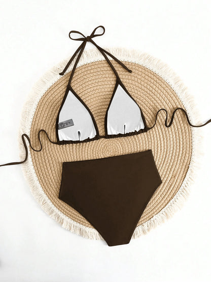 Solid Color Adjustable Tie Halter Triangle Cup Sexy Bikini Swimwear Vacation Beach Summer