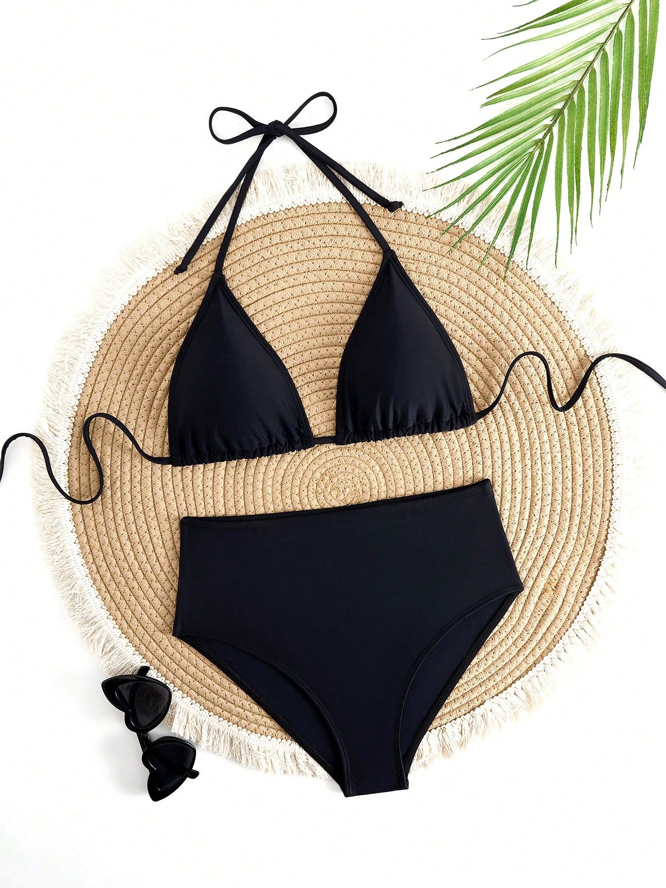Solid Color Adjustable Tie Halter Triangle Cup Sexy Bikini Swimwear Vacation Beach Summer