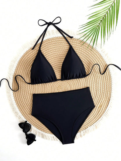 Solid Color Adjustable Tie Halter Triangle Cup Sexy Bikini Swimwear Vacation Beach Summer